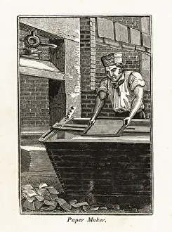 Workplace Prints: Paper maker removing a screen with a sheet of paper from a vat