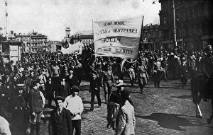 Parade with banners during Revolution, Petrograd, Russia