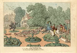 Ackermann Gallery: Parson cursing foxhunters and hounds trampling his garden