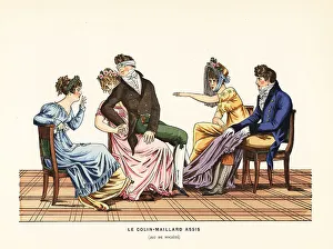 Diversion Prints: Party goers playing the game of Seated Blind Man's Buff