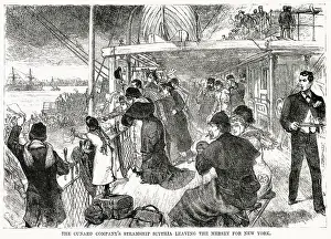 Passengers on the Scythia take their last look at Liverpool as the liner moves off down the Mersey en route for New York. Date: 1882