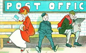 Publications Prints: Passengers sitting on Post Office Tube Station platform