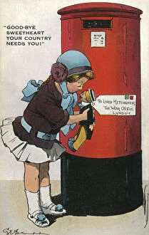Patriotic British postcard, girl with doll, WW1