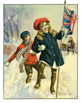 Snowballing Prints: Patriotic children snowballing