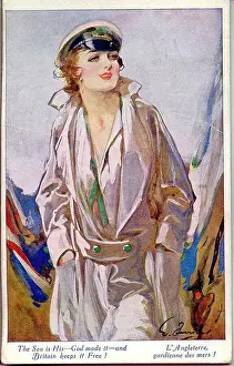 Barribal Prints: Patriotic postcard, Britain, guardian of the sea - an elegant woman in stylish nautical costume