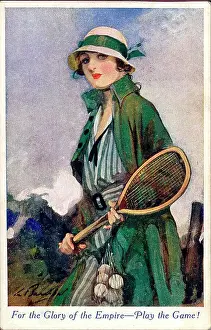 Balls Prints: Patriotic postcard, For the Glory of the Empire - Play the Game! Elegant woman with tennis racket