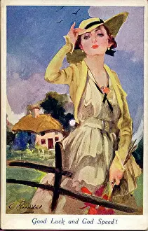 Barribal Prints: Patriotic postcard, Good Luck and God Speed! Elegant woman with cottage in the background