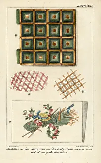 Needlework Prints: Patterns for letters and needle booklets, and a work bag in embr
