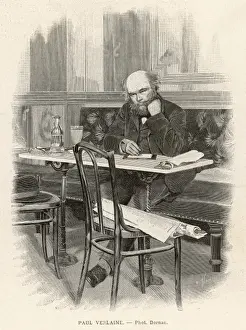 Verlaine Prints: Paul Verlaine, French poet, writing at a cafe table