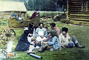 Peasant family and tarantass, Russia, hand coloured photo