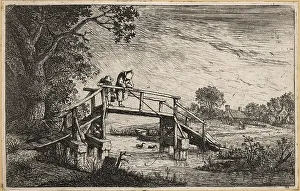 Anglers Prints: Peasant with fishing rod on a wooden bridge over a stream