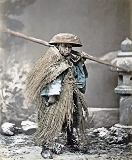 Peasant Prints: Peasant in grass coat, snow scene, Japan, circa 1880s