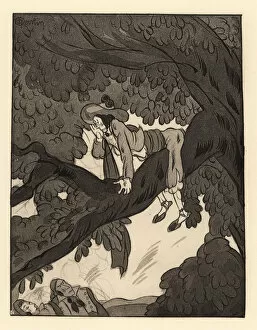 A peasant up a tree disturbs a courting couple below