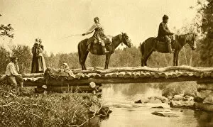 Finnish Gallery: Peasants crossing a stream on horseback, Finland