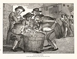 Diversion Prints: Peasants ducking for apples in a barrel, 18th century