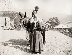 Peasants farmers and pack mule, probably France or Italy