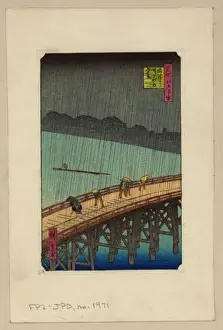 Pedestrians crossing a bridge during a rain storm