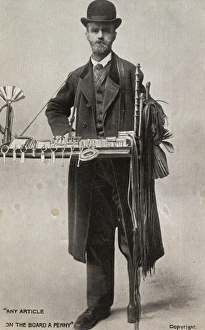 Peg-leg peddlar with his tray of items for sale Peg-leg peddlar with his tray of items for sale