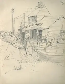 Pencil sketch of building and boats