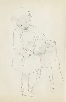 Pencil sketch of child with lamb