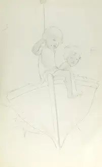 Pencil sketch of two children on a boat