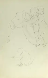 Pencil sketch of two children on horseback