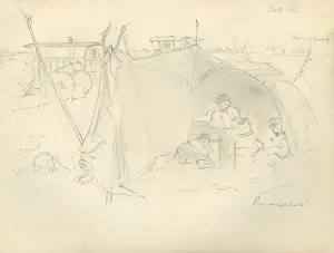 Pencil sketch of family in a tent