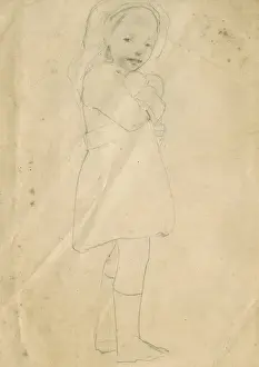 Pencil sketch of girl with doll