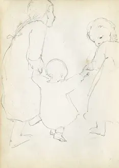 Toddlers Prints: Pencil sketch of two girls with a toddler