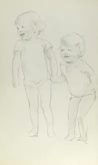 Laugh Prints: Pencil sketch of two laughing children
