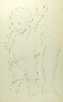 Pencil sketch of little boy paddling