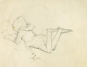 Pencil sketch of little girl lying down reading