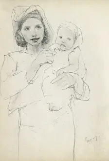 Pencil sketch of mother and baby