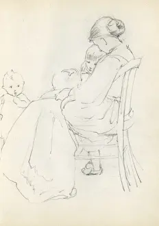 Pencil sketch of mother with children