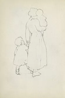 Pencil sketch of mother with children