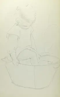 Pencil sketch of toddler in bathtub