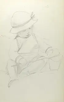 Sunhat Prints: Pencil sketch of toddler with bucket