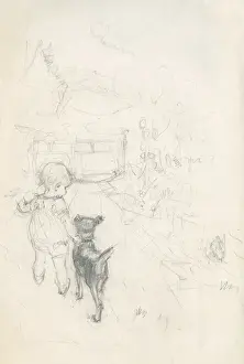 Pencil sketch of toddler and dog