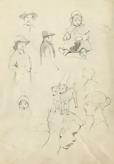 Pencil sketches of adults, children and dogs
