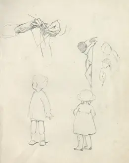 Needles Prints: Pencil sketches of children and knitting hands