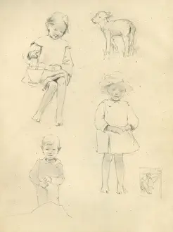Pencil sketches of children and lamb