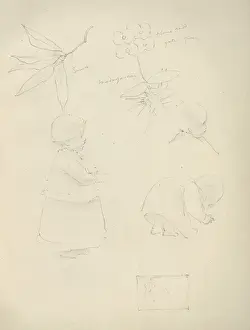 Pencil sketches of toddlers, flowers and leaves