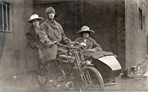 Change Prints: Three people on a 1920 Bradbury motorcycle & sidecar
