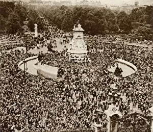 People celebrating VE Day congregating in front of Buckingham Palace where eventually
