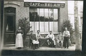Braces Prints: Six people and a dog outside a cafe, France