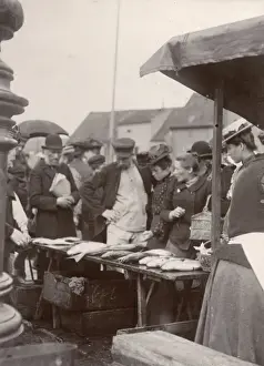 Scandinavia Prints: People at a fish market in Bergen, Norway