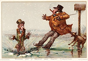 People on the ice on a comic Christmas card