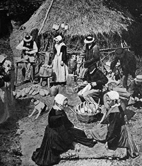 Images Dated 28th August 2018: People making wooden shoes, Brittany, Northern France