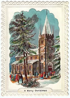 People outside a church on a Christmas card