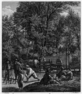 Images Dated 8th April 2016: People playing skittles in a field